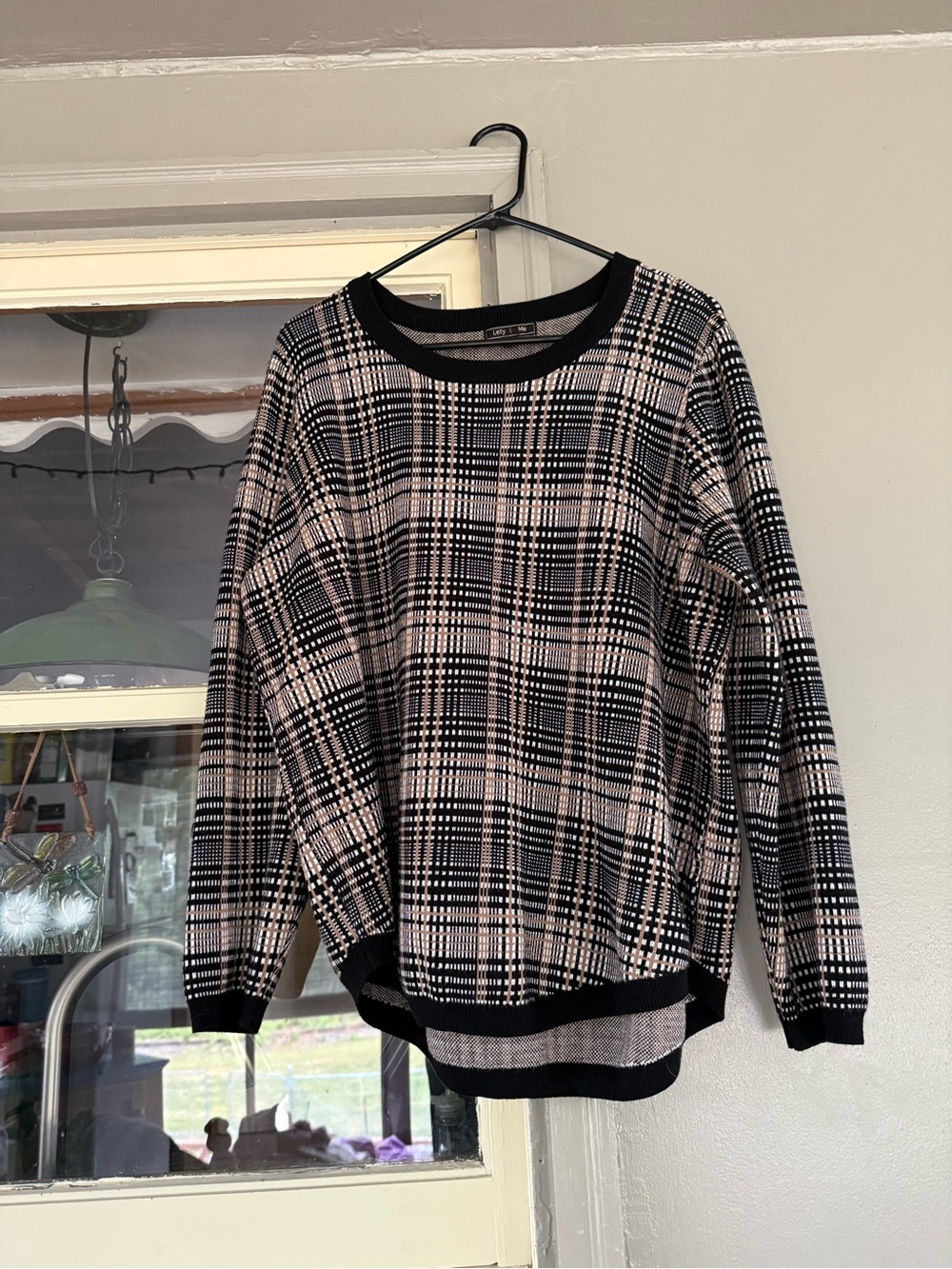 Black and Beige Plaid Crewneck Sweater